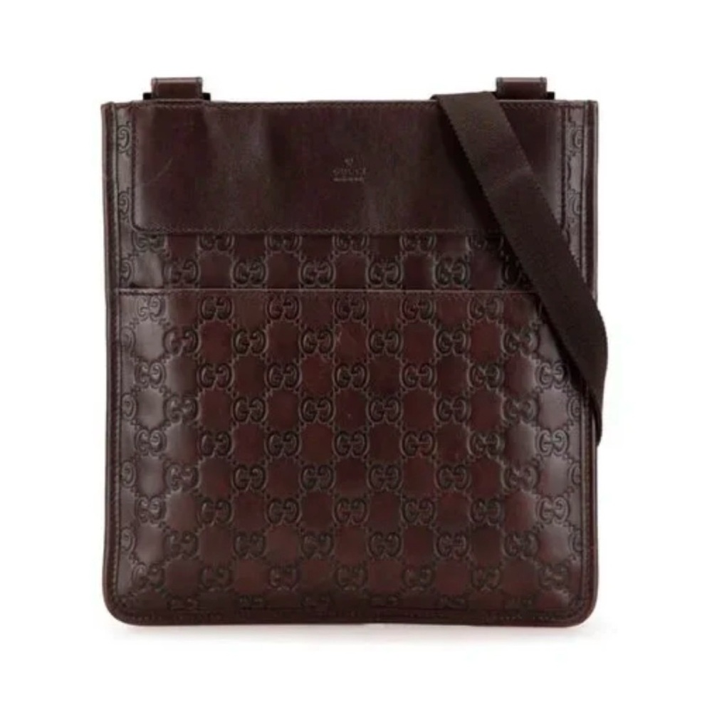 Gucci Dark Brown Embossed Leather Messenger Bag / Vintage Guccissima